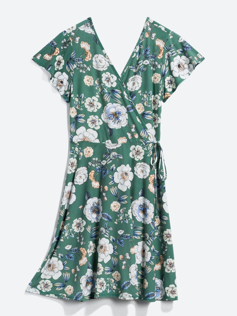 Green Floral Wrap Dress with Tie Waist